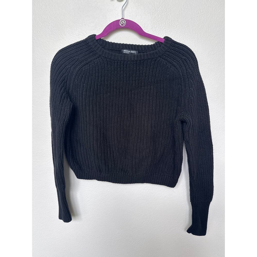 American Apparel Chunky Knit Cropped Sweater Fisherman Black Womens S USA Made